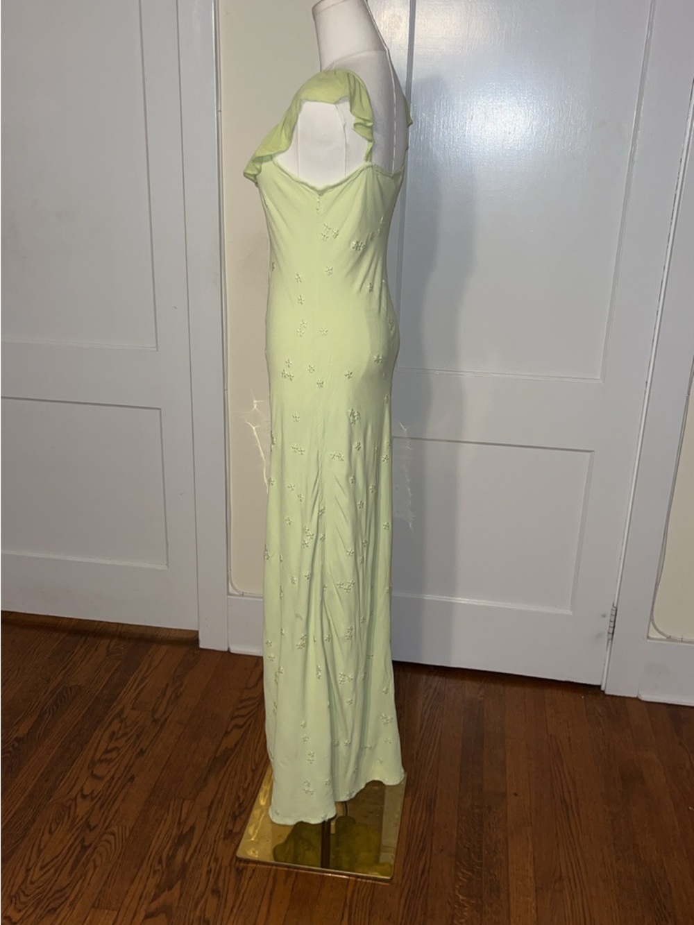 GHOST London Pistachio Romance—Floral Embroidered Ruffle Gown